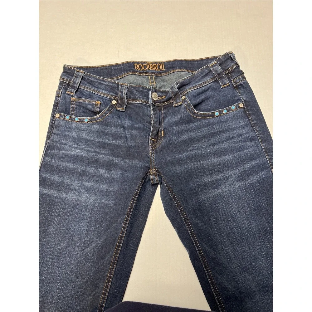 Rock & Roll Denim Western Cowgirl Trouser Women's 29 X 32 Jeans Turquoise Studs - Picture 7 of 16
